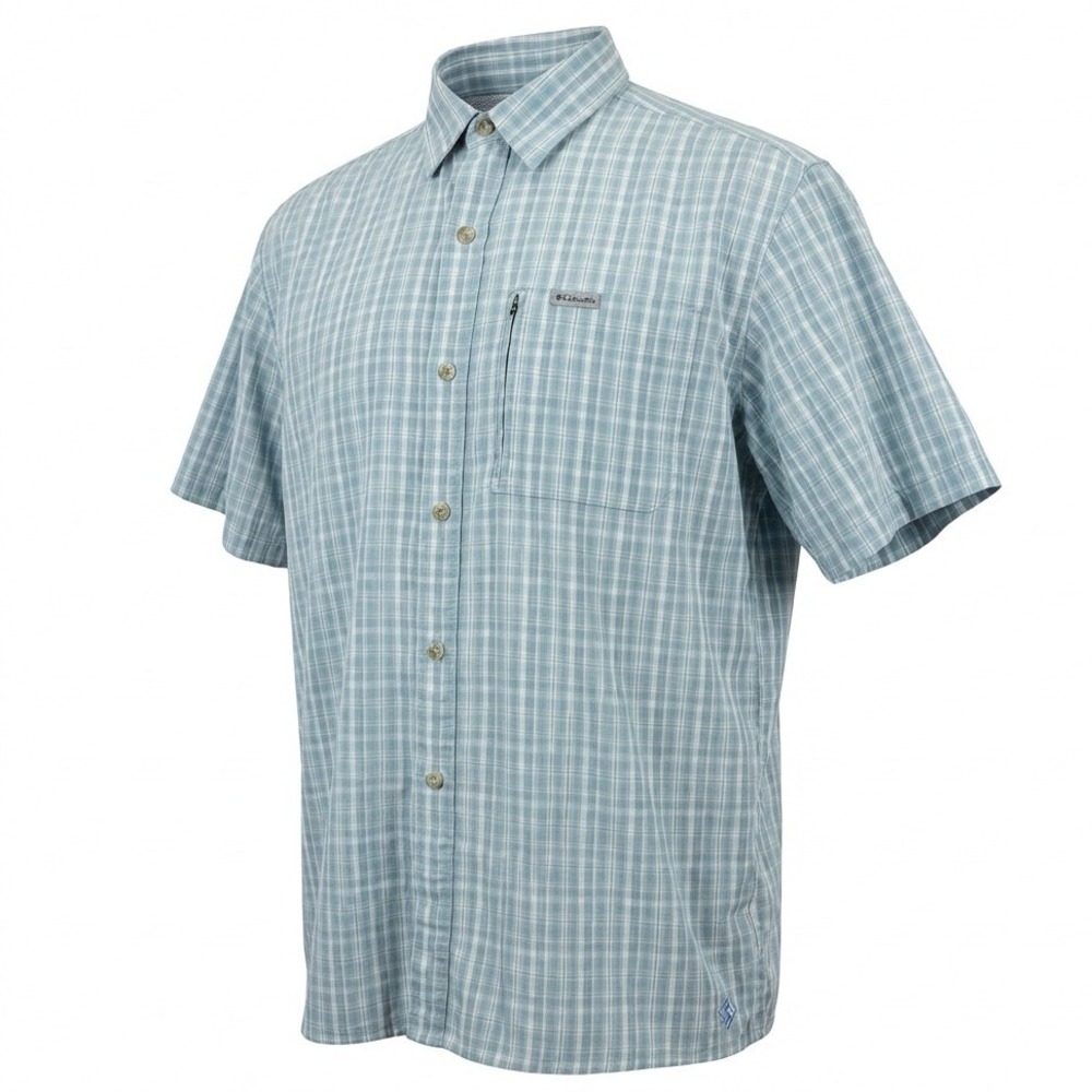 Columbia Shirt Mens Medium Blue Plaid Short Sleeve Zip Pocket Ventilated AM7096